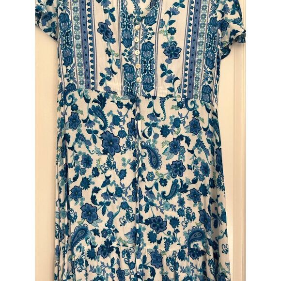 Blue Maxi Dress Tie Waist Button front v-neck paisley print vacation resort S - Picture 2 of 5